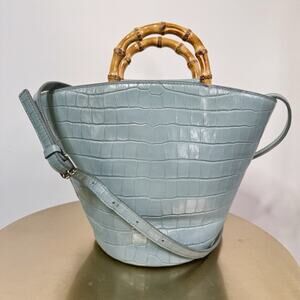 Loeffler Randall Croc-Embossed Bamboo Handle Tote Bag Blue Leather Crossbody